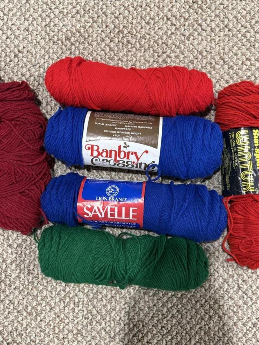 lot of vintage red, green, and blue acrylic yarn bundle